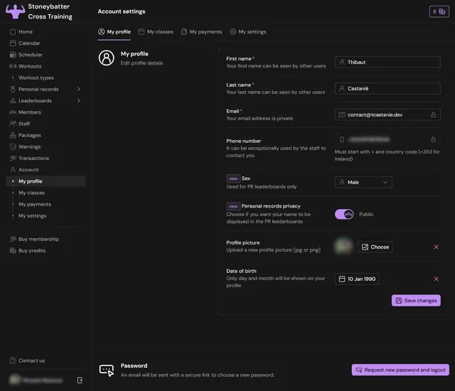 Capture page de gestion du compte